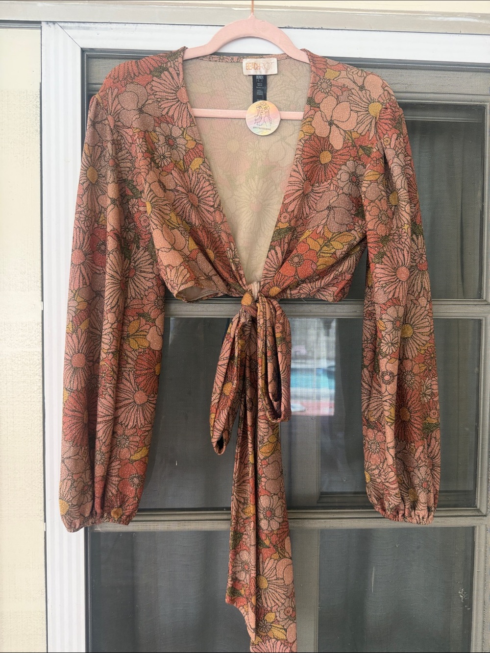Beach Riot lurex metallic Floral Tie-Front Crop Top in Rose, Mustard, Olive